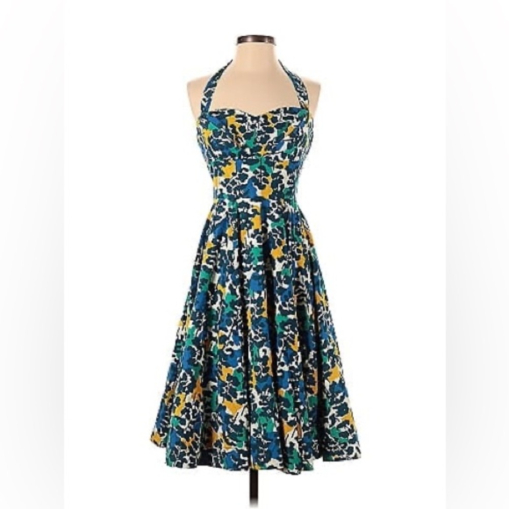 Anthropologie Teal Blue Green Yellow Floral One-Shoulder Fit & Flare Dress